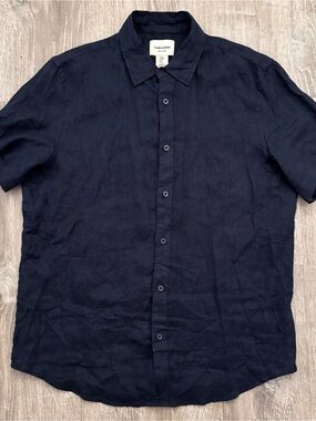 Thom Aaron Mens Medium Navy 100% Linen Short Sleeve Button Down Shirt NWOT